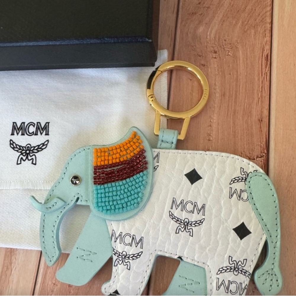 MCM Blue White Monogram Logo Beaded Elephant Charm Keychain
